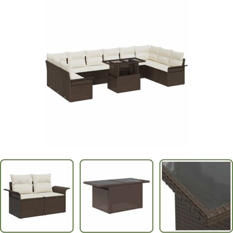 vidaXL Asientos al aire libre -  Conjunto de sofá de jardín 11 pcs Marrón Rattan de Poliéster