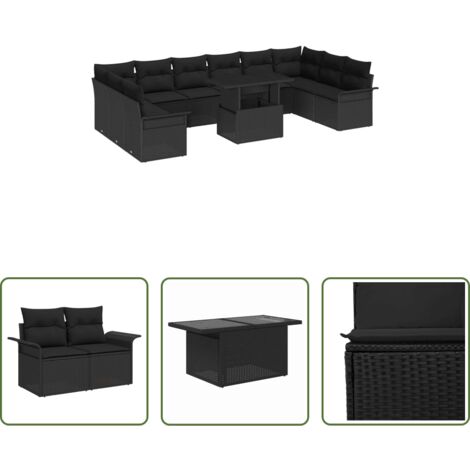 vidaXL Asientos al aire libre -  Conjunto de sofá de jardín 11 pcs Negro Rattan de Poliéster