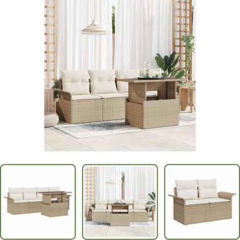 vidaXL Asientos de jardín -  Conjunto de sofá de jardín 5 pcs Beige Rattan de Poliéster