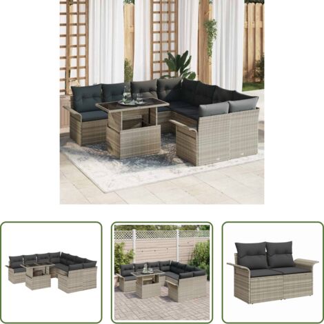 vidaXL Asientos de jardín -  Conjunto de sofá de jardín 9 pcs Gris Claro Rattan de Poliéster