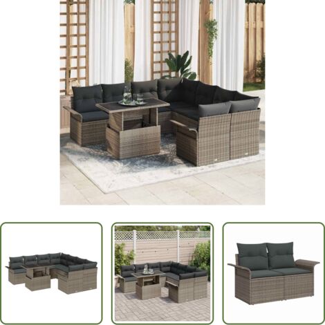 vidaXL Asientos de jardín -  Conjunto de sofá de jardín 9 pcs Gris Rattan de Poliéster
