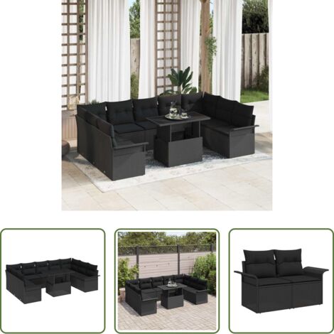 vidaXL Asientos de jardín -  Conjunto de sofá de jardín con cojín 10 pcs Negro Poliratán