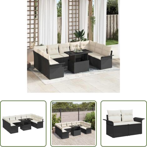 vidaXL Asientos de jardín -  Conjunto de sofá de jardín con cojín 10 pcs Negro Poliratán
