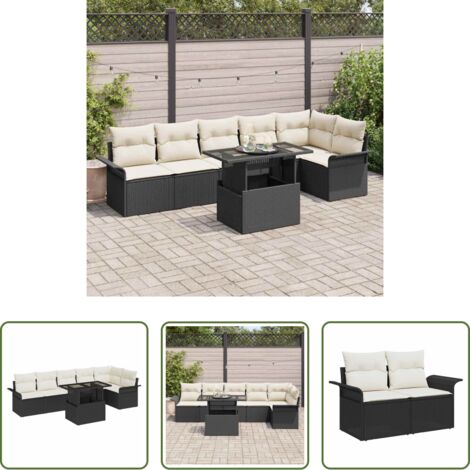 vidaXL Asientos de jardín -  Conjunto de sofá de jardín con cojín 7 pcs Negro Poliratán