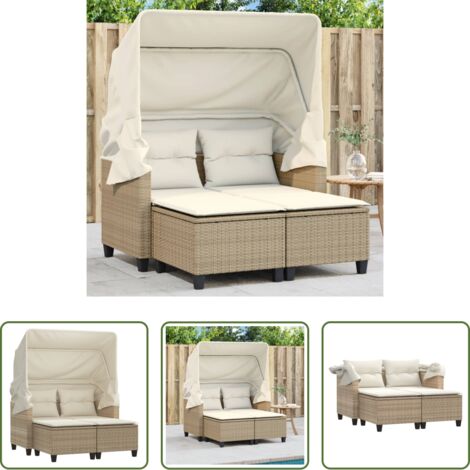 vidaXL Baldacchino -  Divano Giardino 2 Posti Baldacchino e Sgabelli Beige Polyrattan