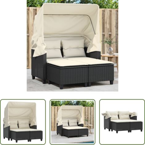 vidaXL Baldacchino -  Divano Giardino 2 Posti Baldacchino e Sgabelli Nero Polyrattan