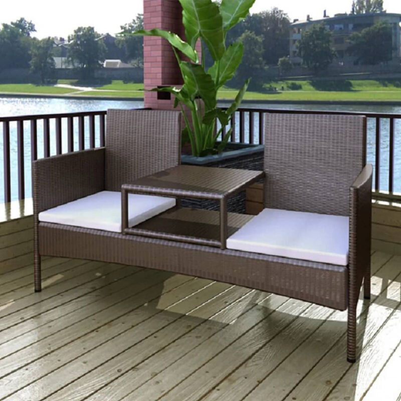 Banc a deux places avec table basse Rotin synthetique Marron