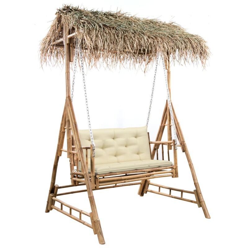 

vidaXL Banco columpio 2 plazas hojas de palma y cojín bambú 202 cm - Marrón