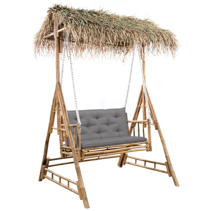 

vidaXL Banco columpio 2 plazas hojas de palma y cojín bambú 202 cm - Marrón