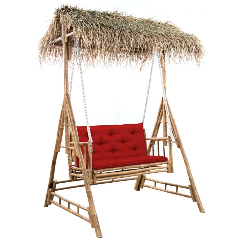 

vidaXL Banco columpio de 2 plazas hojas de palma y cojín bambú 202 cm - Marrón