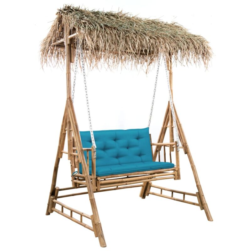 

vidaXL Banco columpio de 2 plazas hojas de palma y cojín bambú 202 cm - Marrón
