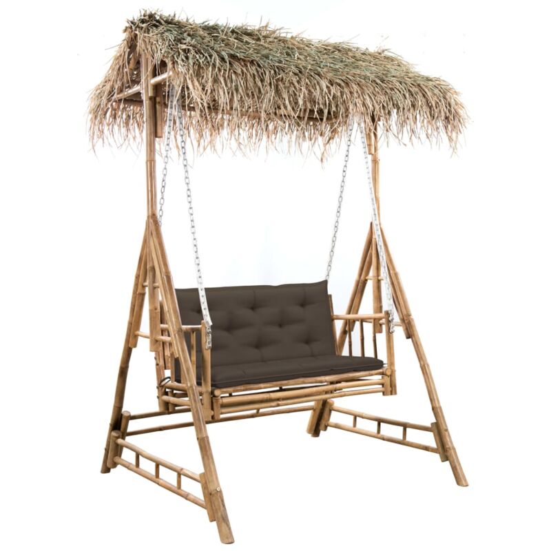 

vidaXL Banco columpio de 2 plazas hojas de palma y cojín bambú 202 cm - Marrón