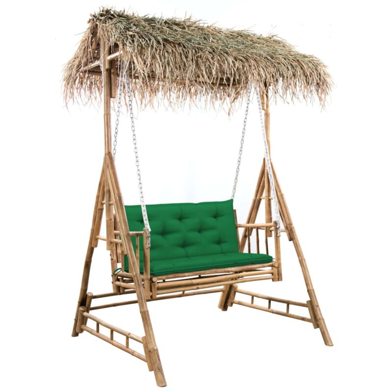

vidaXL Banco columpio de 2 plazas hojas de palma y cojín bambú 202 cm - Marrón