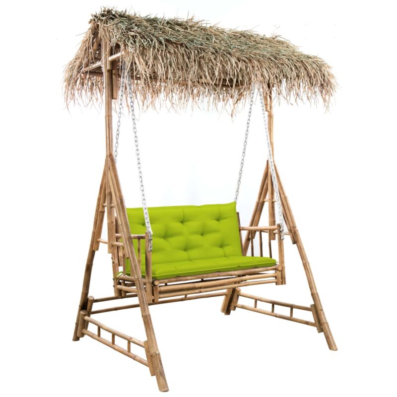 

vidaXL Banco columpio de 2 plazas hojas de palma y cojín bambú 202 cm - Marrón