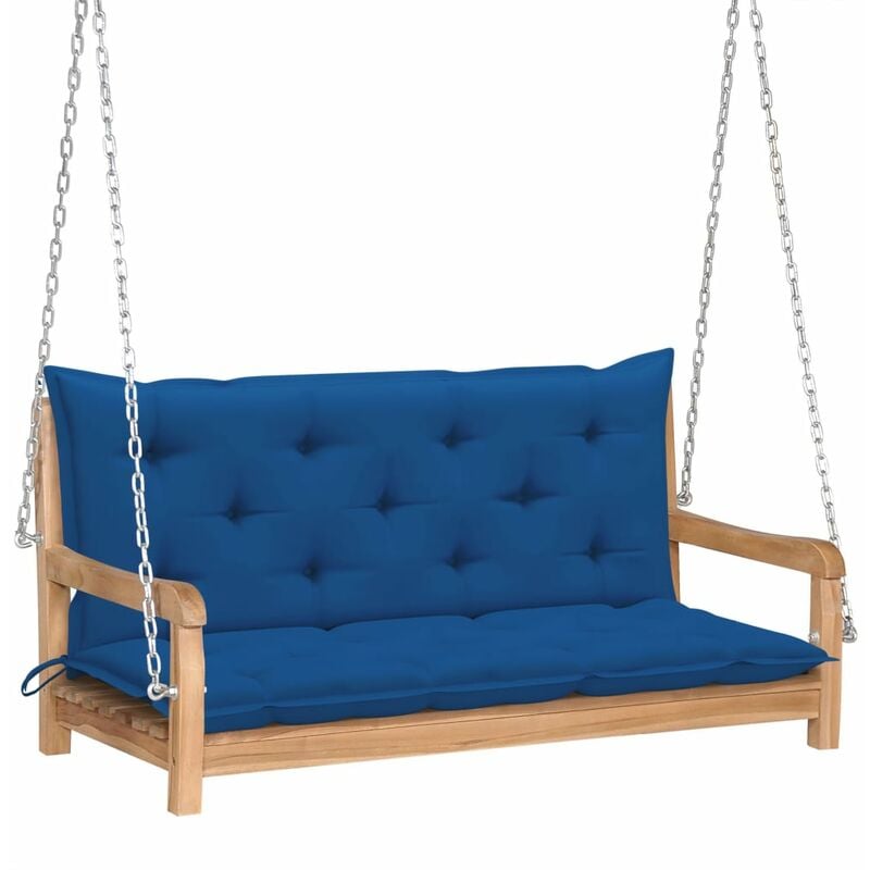 

vidaXL Banco columpio madera maciza de teca con cojín azul 120 cm - Marrón