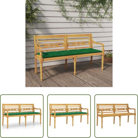 vidaXL Banco de teca -  Banco Batavia con cojín verde madera maciza de teca 150 cm