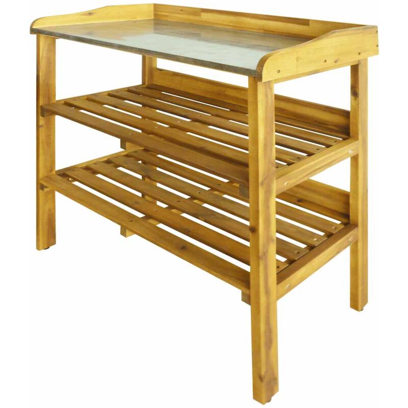 

vidaXL Banco para macetas con 2 estantes madera maciza de acacia+zinc - Marrón