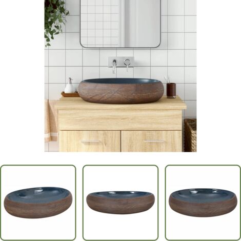 vidaXL Baño -  Lavabo sobre encimera ovalado cerámica marrón y azul 59x40x15cm