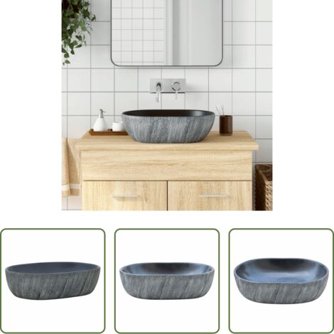 vidaXL Baño -  Lavabo sobre encimera ovalado cerámica negro y gris 47x33x13 cm