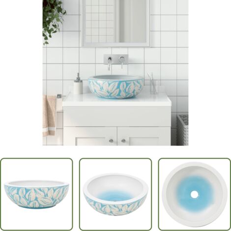 vidaXL Baño -  Lavabo sobre encimera redondo cerámica blanco y azul Φ41x14 cm