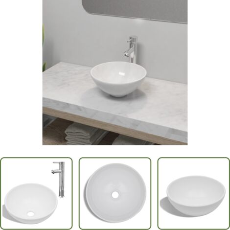 vidaXL Baño moderno -  Lavabo de baño con grifo mezclador cerámica redondo blanco