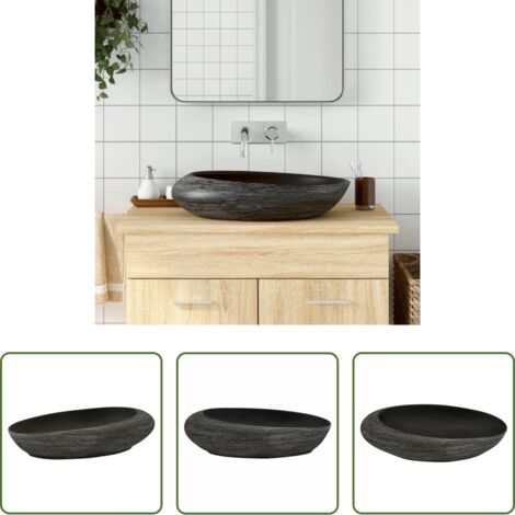 vidaXL Baño moderno -  Lavabo sobre encimera ovalado cerámica gris y negro 59x40x14 cm