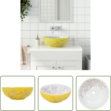 vidaXL Baño moderno -  Lavabo sobre encimera redondo cerámica blanco amarillo Φ41x14cm