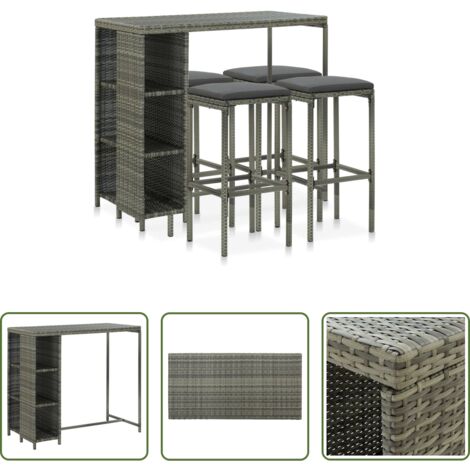 vidaXL Bar de terraza - Set de bar para jardín 5 piezas y cojines ratán sintético gris
