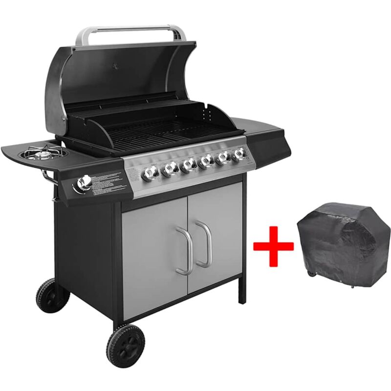 Vidaxl barbecue grill &agrave; gaz 6 + 1 br&ucirc;leurs noir et argent&eacute; 41907