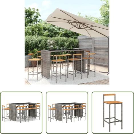 vidaXL Barra de jardín -  Mesa bar y taburetes jardín 9 pzas madera acacia ratán PE gris