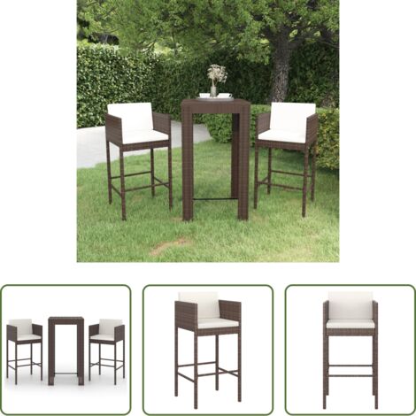 vidaXL Barra de jardín -  Set de bar de jardín 3 piezas y cojines ratán sintético marrón