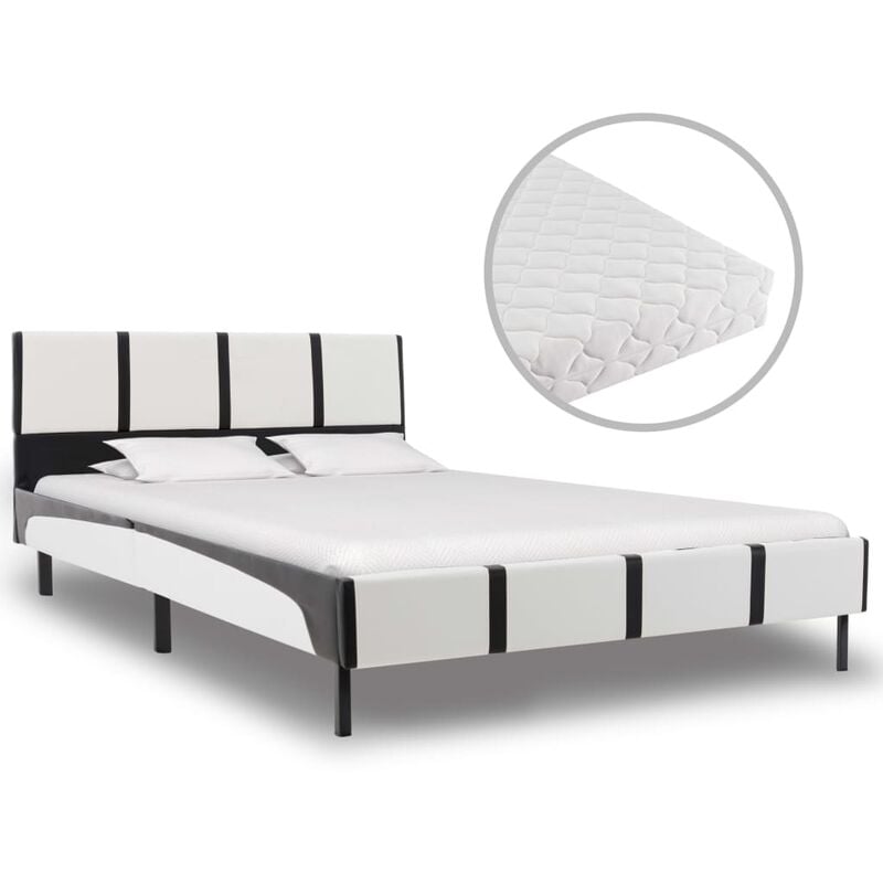vidaXL Bett mit Matratze Kunstleder Weiß Schwarz 120x200cm - Weiß