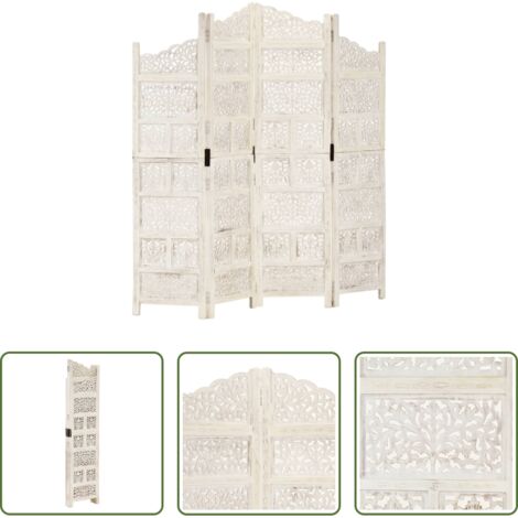 vidaXL Biombo de madera maciza -  Biombo 4 paneles tallado a mano madera mango blanco 160x165 cm