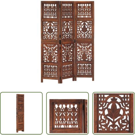 vidaXL Biombo de mango -  Biombo 3 paneles tallado a mano madera mango marrón 120x165 cm