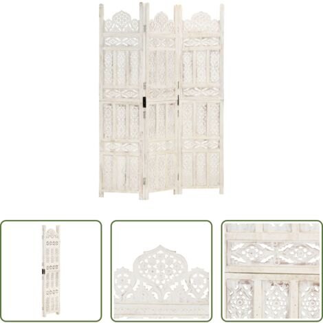 vidaXL Biombo separador de ambientes -  Biombo 3 paneles tallado a mano madera mango blanco 120x165 cm