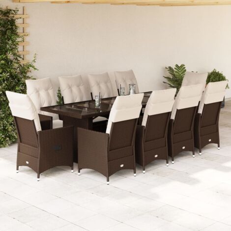 vidaXL Bistro-Gartenmöbel 11-teilig, Kissen braun, Poly-Rattan