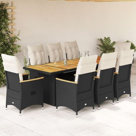 vidaXL Bistro-Gartenmöbel-Set 9-teilig mit schwarzen Polsterkissen aus Poly-Rattan