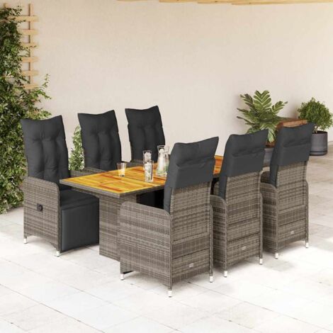 vidaXL Bistro Gartenmöbelset 7-teilig mit grauen Polsterungen aus Poly-Rattan