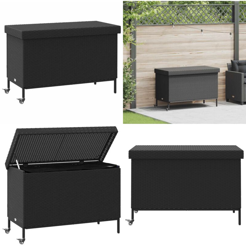 vidaXL Boîte de rangement de jardin et roues noir résine tressée