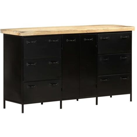 Vidaxl – Buffet en bois de manguier brut 140x38x76 cm – 6 tiroirs et 2 portes – cadre en acier enduit de poudre – style rustique industriel