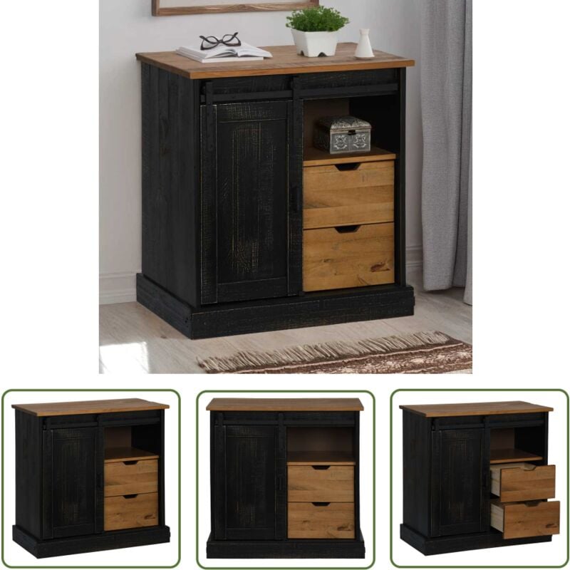 The Living Store - vidaXL Buffet halden porte coulissante noir 80x40x80 cm bois massif