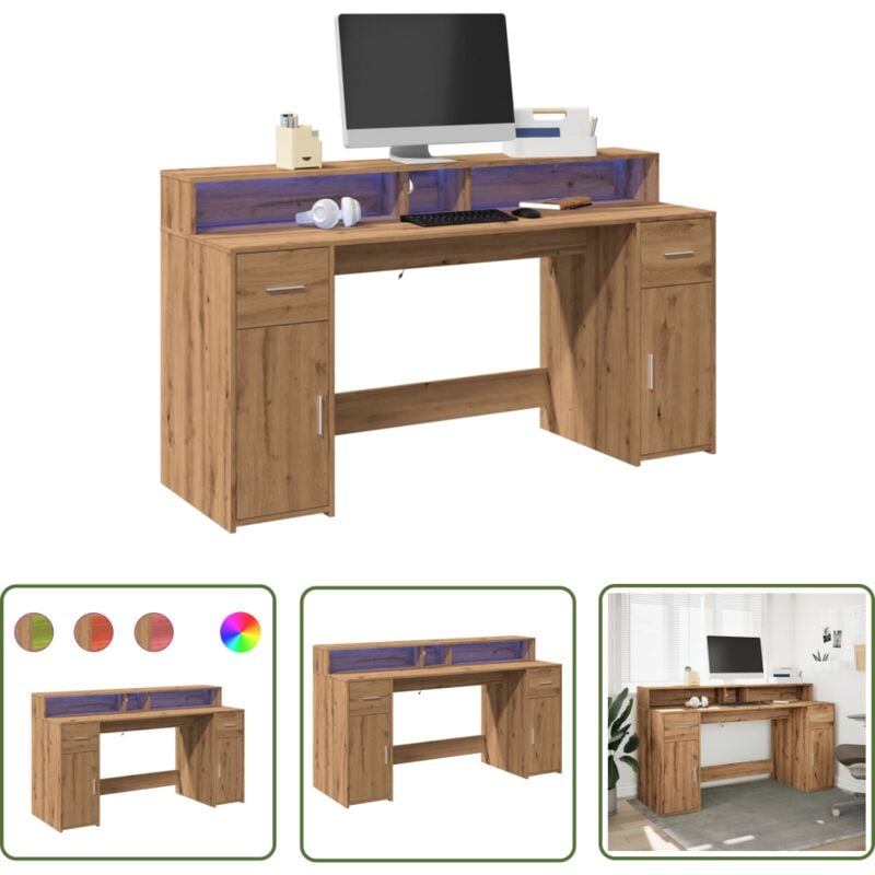 The Living Store - vidaXL Bureau avec lumières led chêne artisanal bois d'ingénierie