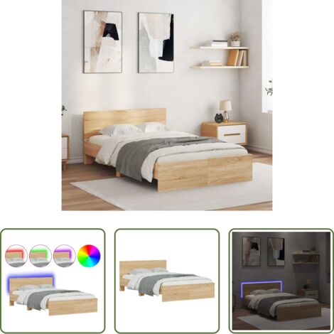 vidaXL Cabecero de cama -  Estructura de cama cabecero y luces LED roble Sonoma 135x190 cm