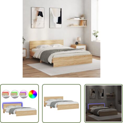 vidaXL Cabecero de cama -  Estructura de cama cabecero y luces LED roble Sonoma 150x200 cm