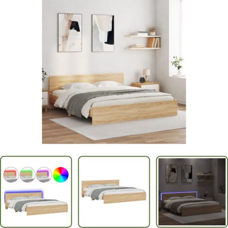 vidaXL Cabecero de cama -  Estructura de cama cabecero y luces LED roble Sonoma 180x200 cm
