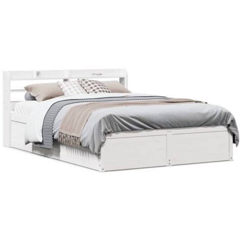 Vidaxl – Cadre de lit blanc 140x190 cm en bois de pin massif – Tête de lit avec étagères – Sommier à lattes inclus – Pour matelas 140x190 cm