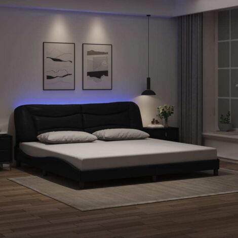 Vidaxl – Cadre de lit noir 200x200 cm avec bande LED – Similicuir durable – Tête de lit confortable – Assemblage requis