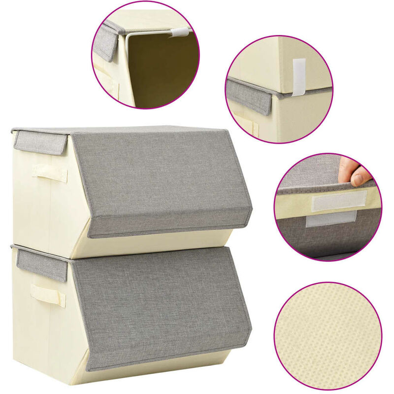 

vidaXL Caja de almacenamiento apilable con tapa 2 uds tela gris crema - Gris