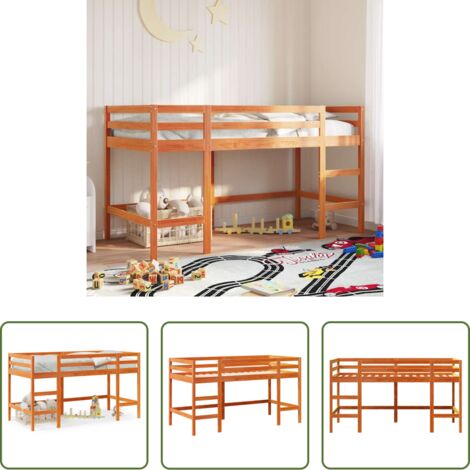 vidaXL Cama con barandillas - Cama alta de niños con escalera madera maciza marrón 90x190 cm