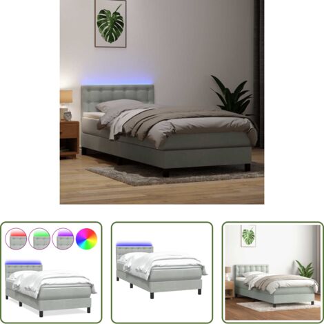 vidaXL Cama con cabecero ajustable -  Cama box spring con colchón y LED terciopelo gris claro 80x220 cm